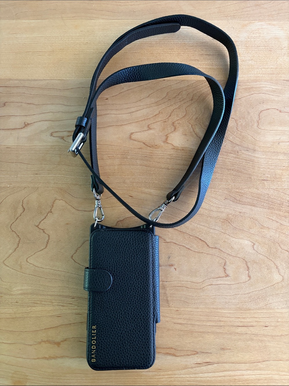Bandolier Black Pebbled Leather Crossbody Card Phone Wallet with Strap